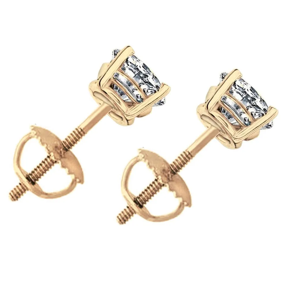 1 1/2 ct Round Round Diamond Studs with Screw Backs 14k Yellow Gold Enhanced