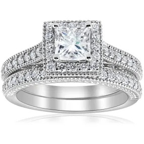 1 1/2ct Princess Cut Halo Vintage Diamond Engagement Ring 14k White Gold