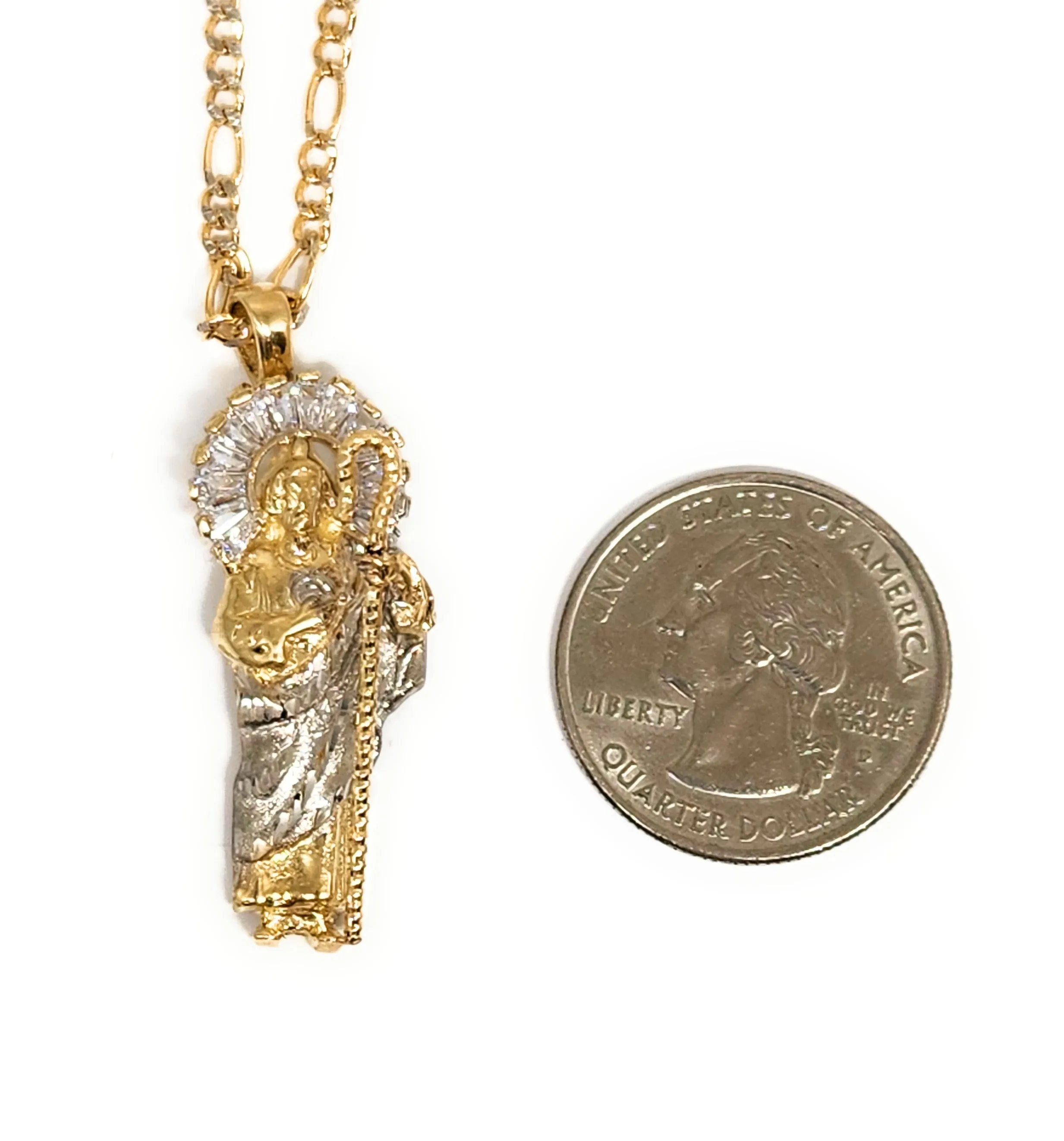 10k Solid 2-Tone Gold SAAN JUDAS SAAINT JUDE CZ Pendant Necklace (MADE IN MX)