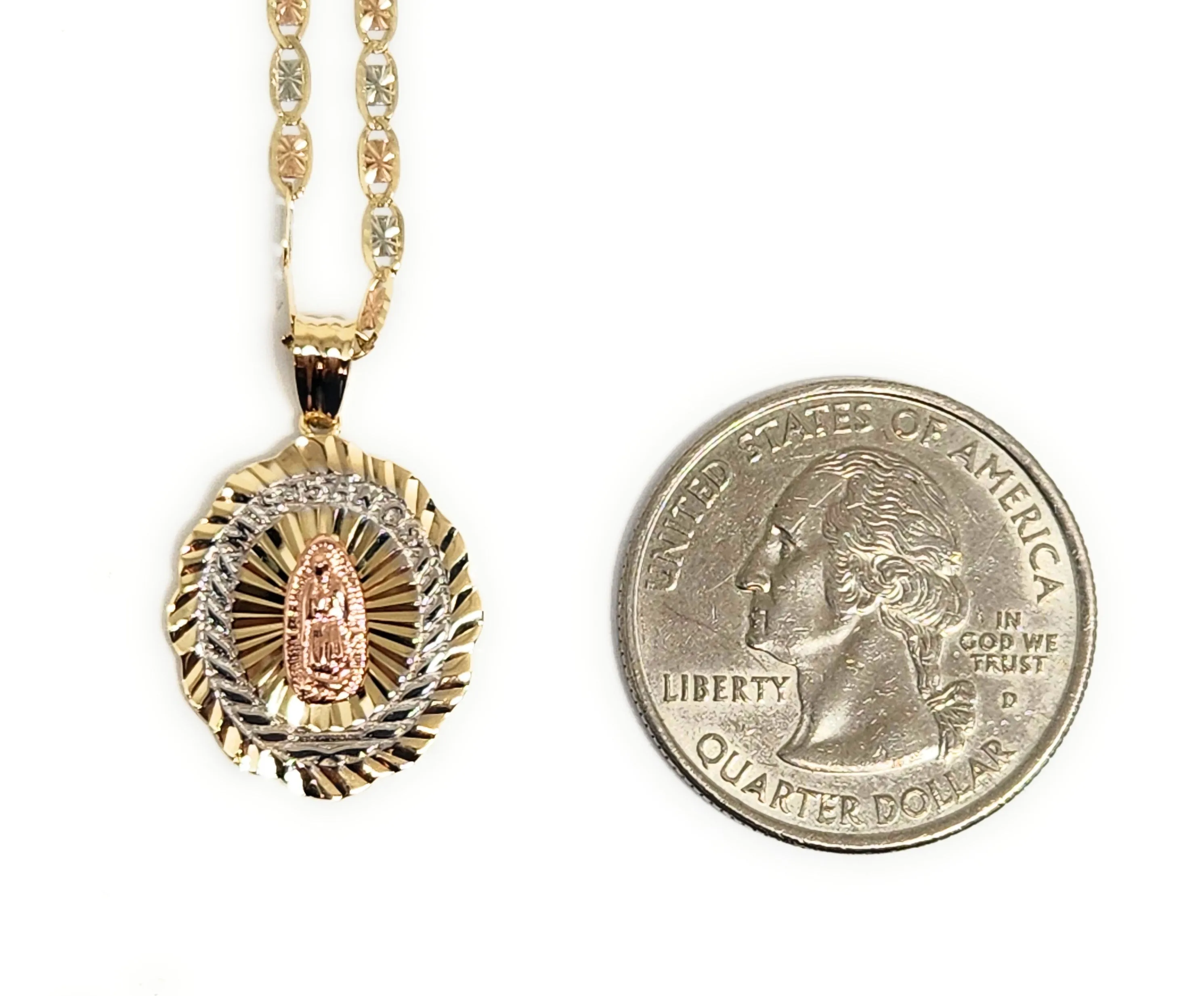 10k Solid Gold Tri-Color Virrgin Mary Mis 15 Aos Pendant Necklace Virrgen Gaudalupe (SM) (FC)