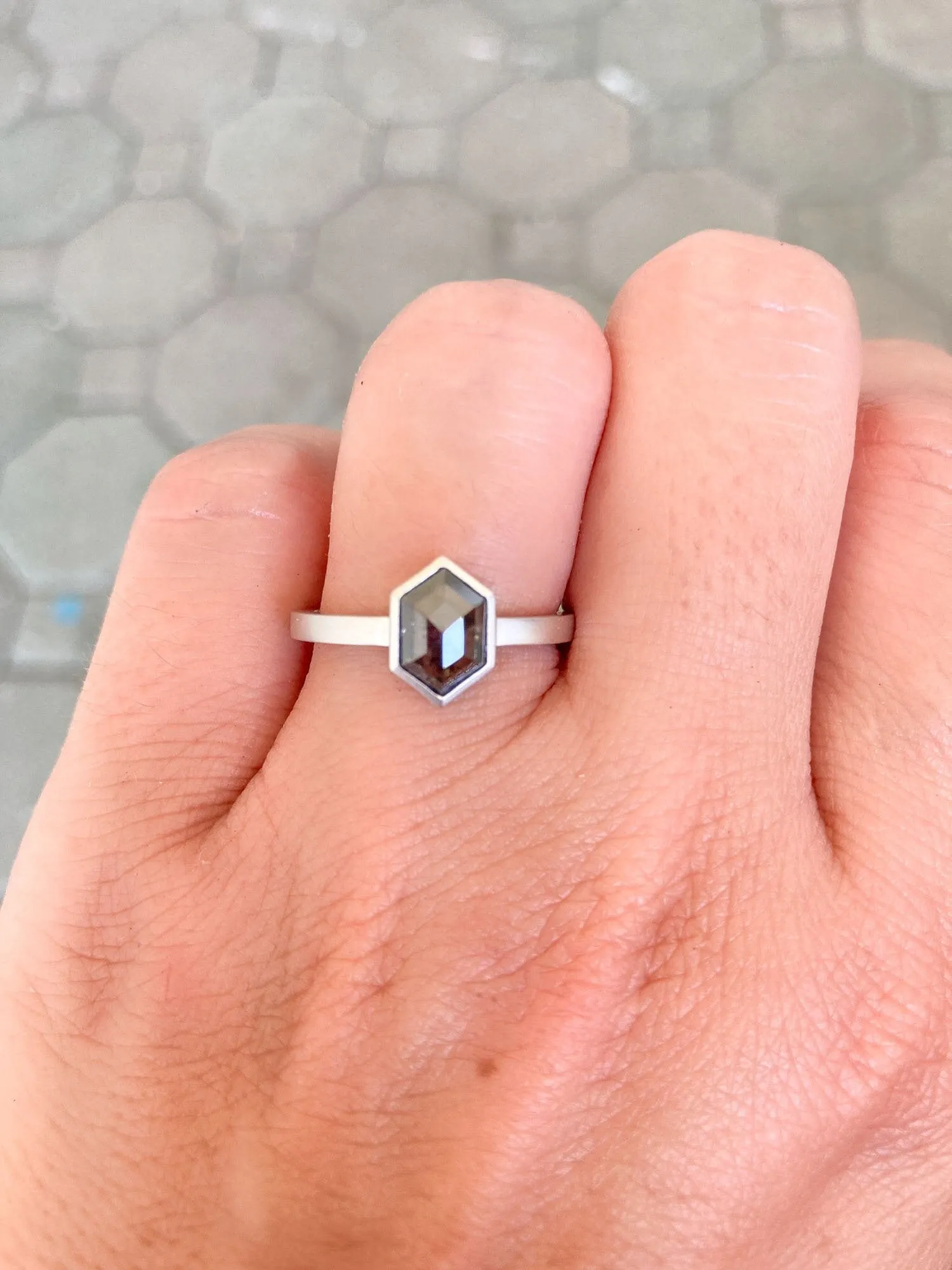 1.19ct Hexagon Salt and Pepper Diamond 14K White Gold Engagement Ring R6047