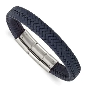 12mm Stainless Steel Navy Blue Braided Leather Adj Bracelet, 7.75 Inch