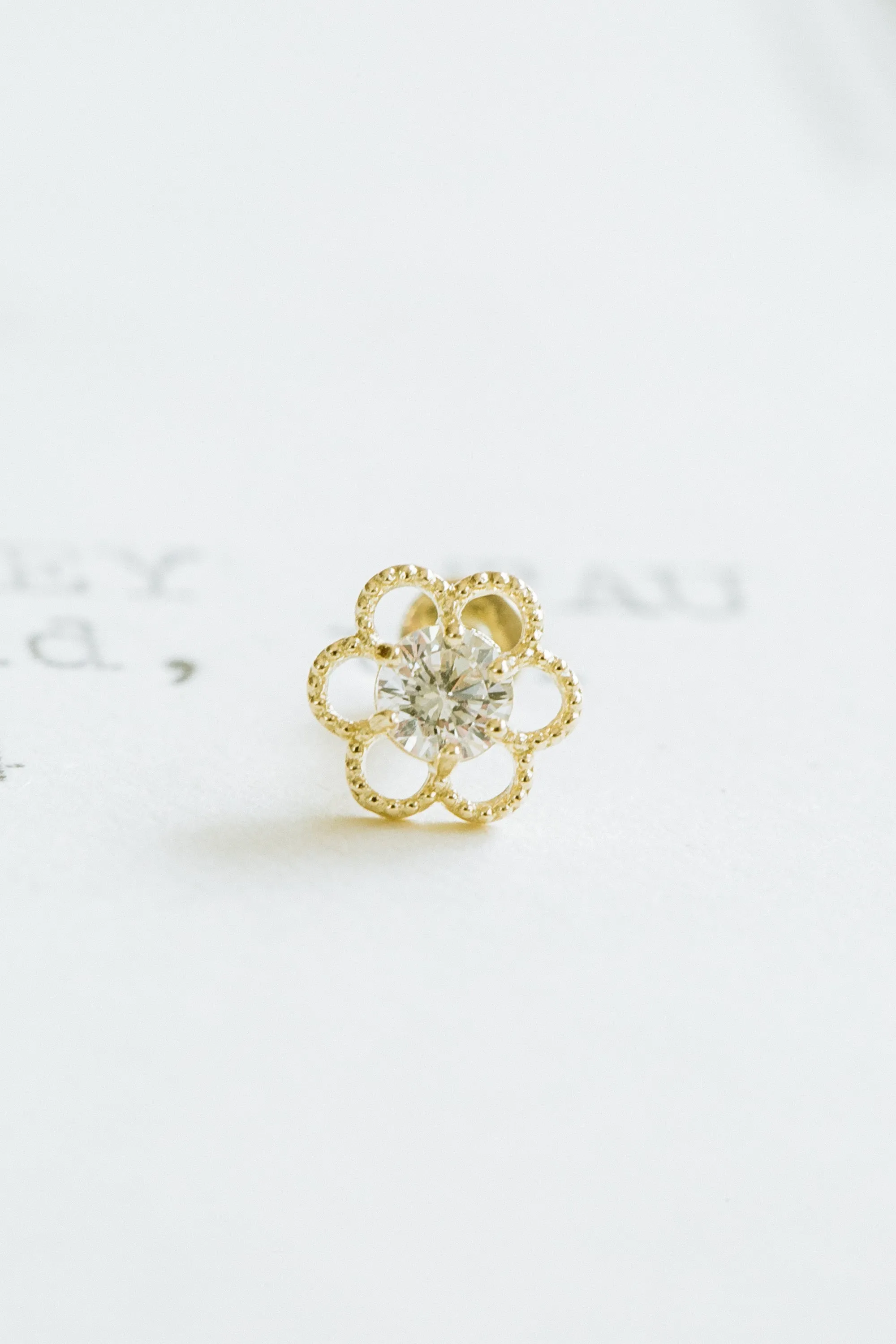 14K Real Gold Minimalist Open Flower Central Cz Forward Helix Cartilage Tragus Inner Conch Ear Stud Post Internally Threaded Ear