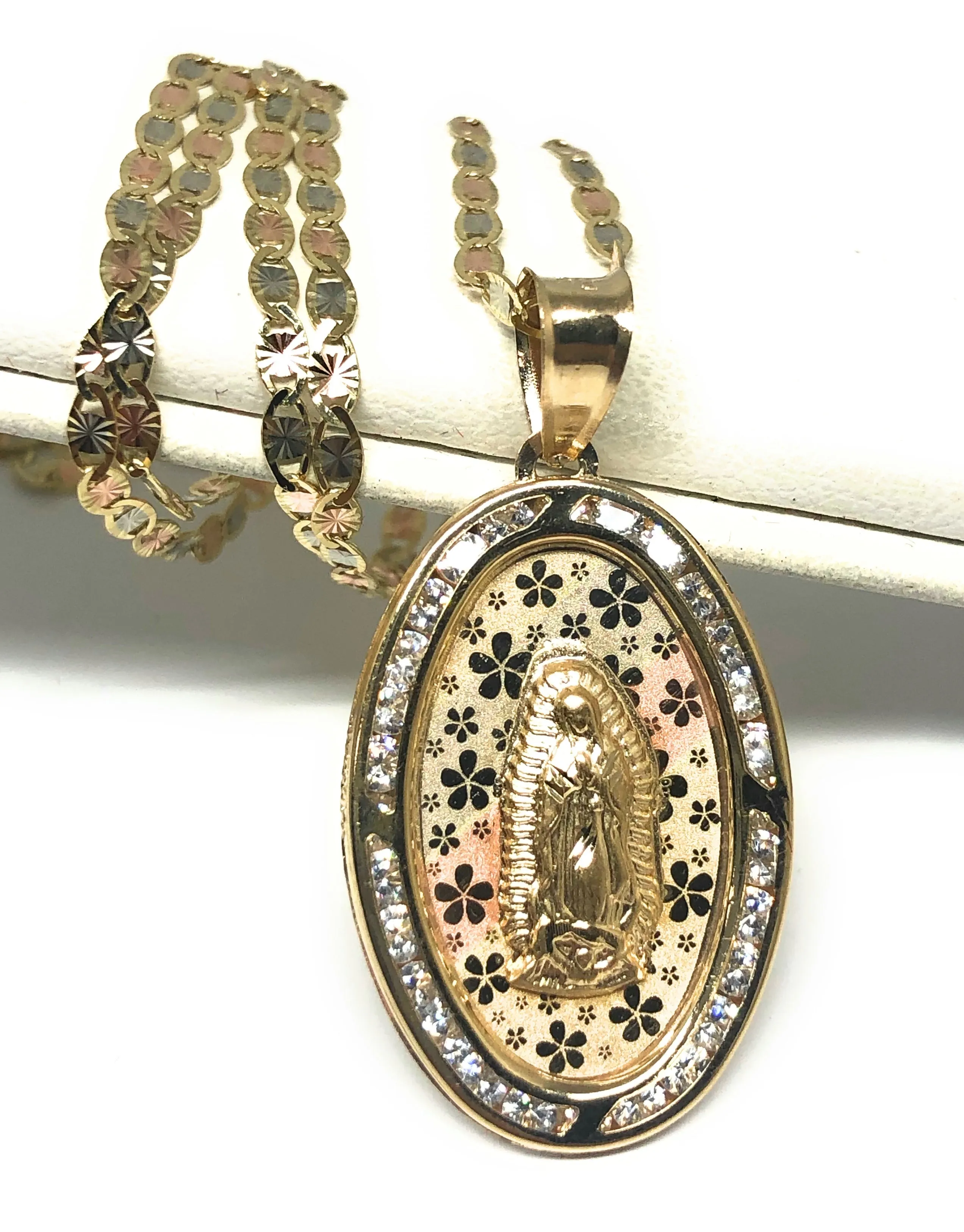 14k Solid Gold Tri-Color Virrgin Mary Oval Flower Print Pendant Necklace W/ Cubic Zirconia Virrgen Gaudalupe Valentina Chain (LG