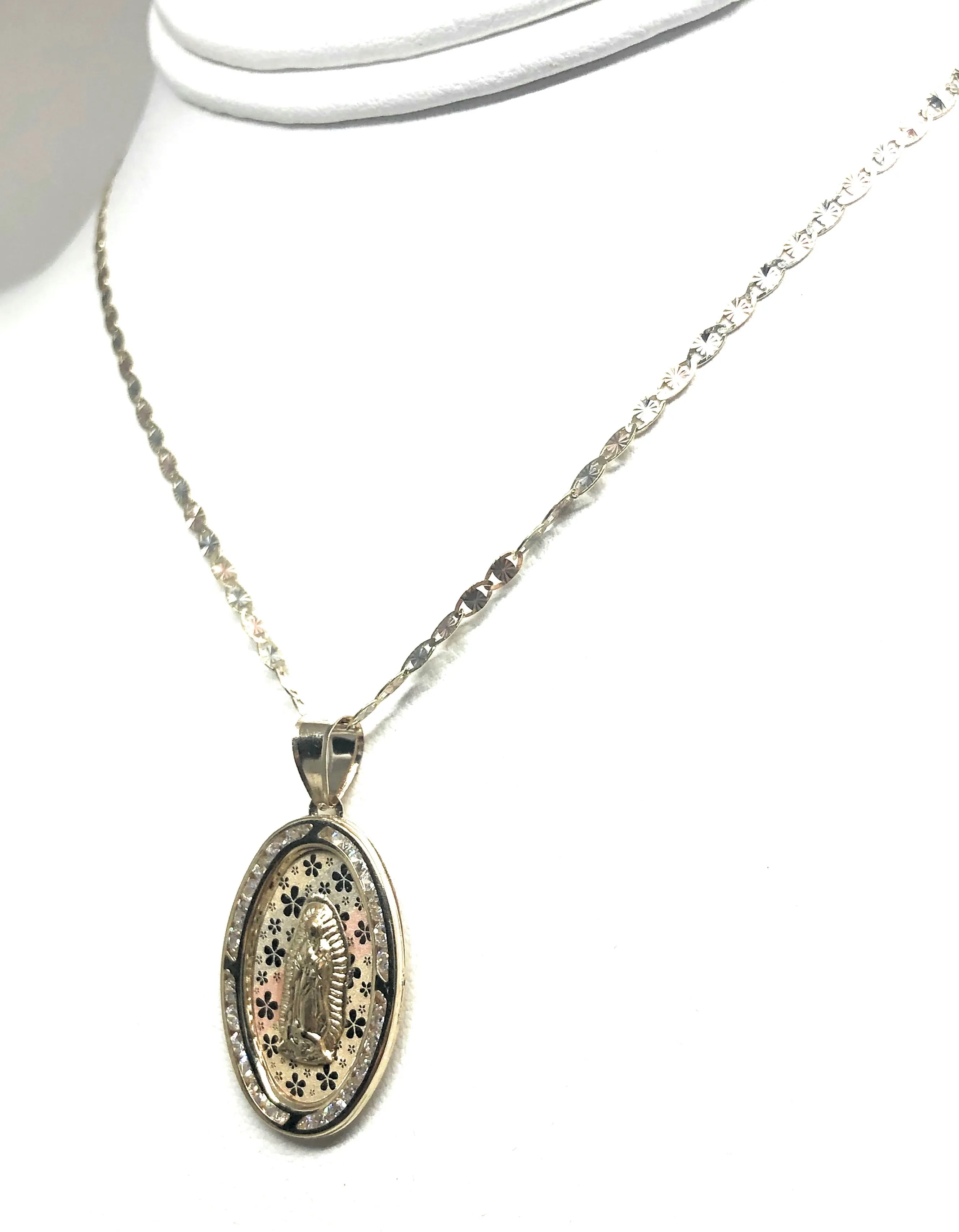 14k Solid Gold Tri-Color Virrgin Mary Oval Flower Print Pendant Necklace W/ Cubic Zirconia Virrgen Gaudalupe Valentina Chain (LG