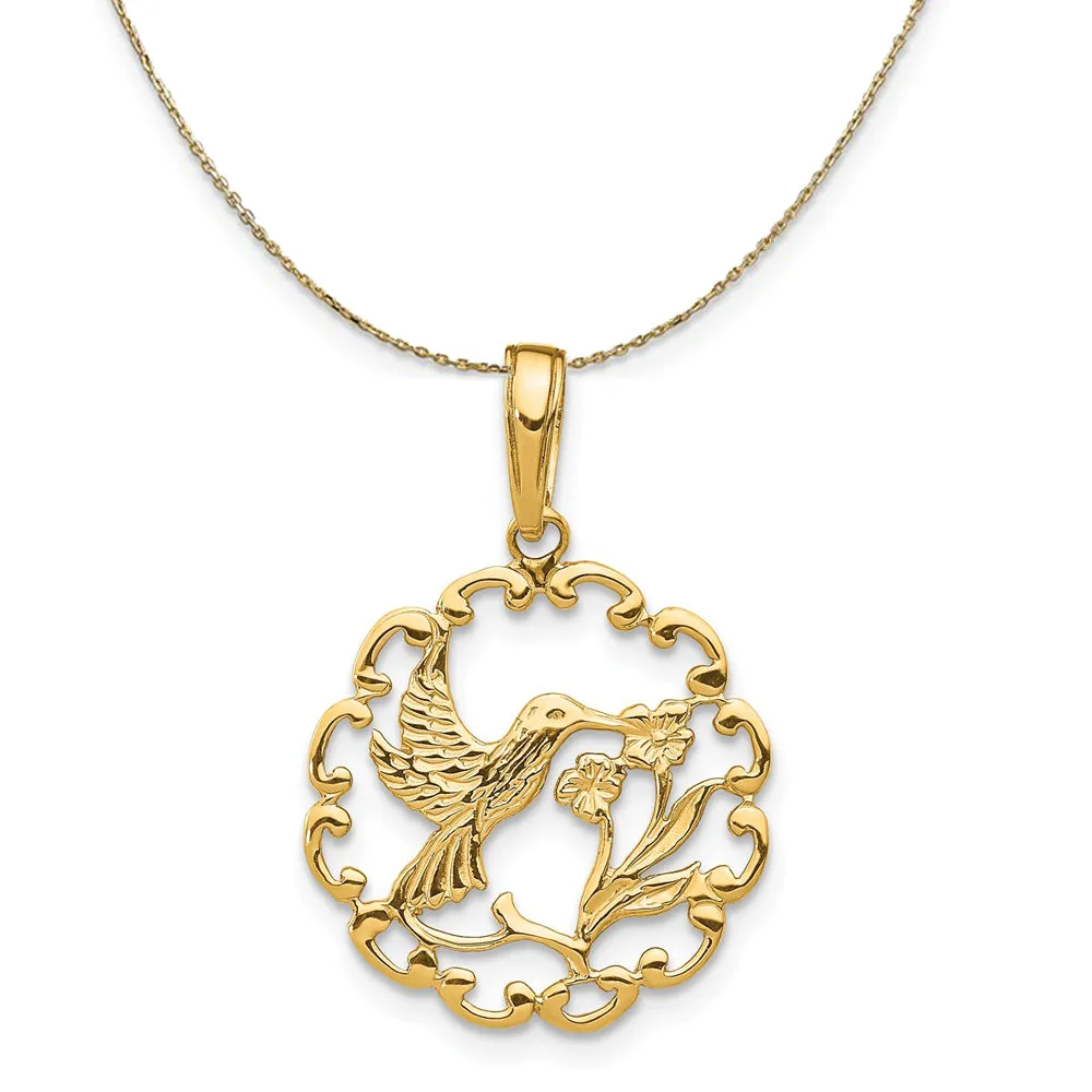 14k Yellow Gold 17mm Framed Hummingbird and Flower Necklace