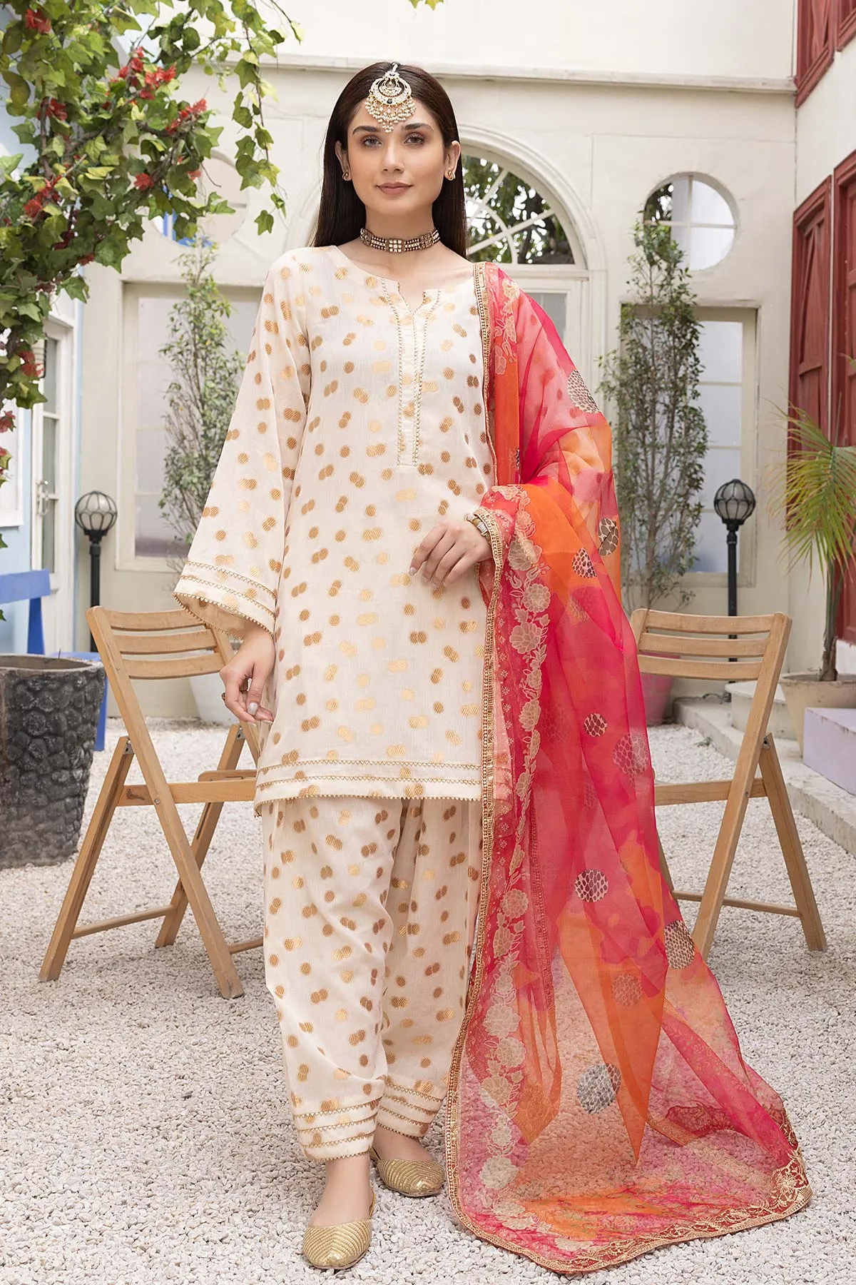 3-PC Cotton Broshia Shirt With Cotton Trouser and Cotton Net Printed Dupatta CPM23-25