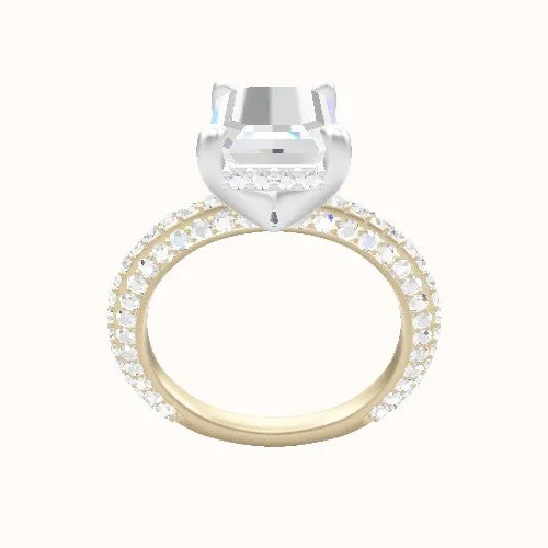 3/4 Three Row Pave Engagement Ring With V Prong with Hidden Halo Head