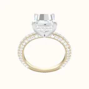 3/4 Three Row Pave Engagement Ring With V Prong with Hidden Halo Head