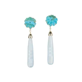 53.24ctw Carved Aquamarine and Turquoise Long Earrings 14K Gold R3130