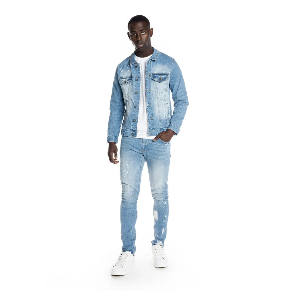 Bleached Detail Semi Basic Jean Jacket - Ocean Blue