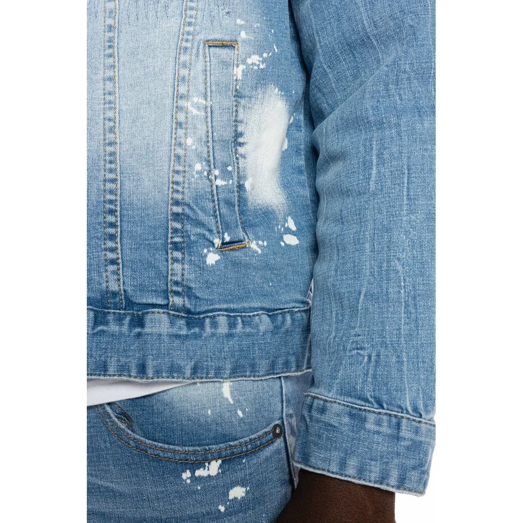 Bleached Detail Semi Basic Jean Jacket - Ocean Blue