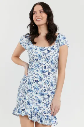 Blue and White Floral Print Ruffle Mini Dress