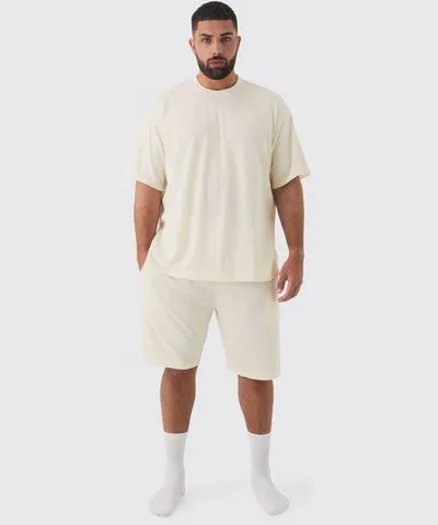 boohoo Mens Plus Oversized Waffle Lounge Short Set In Ecru