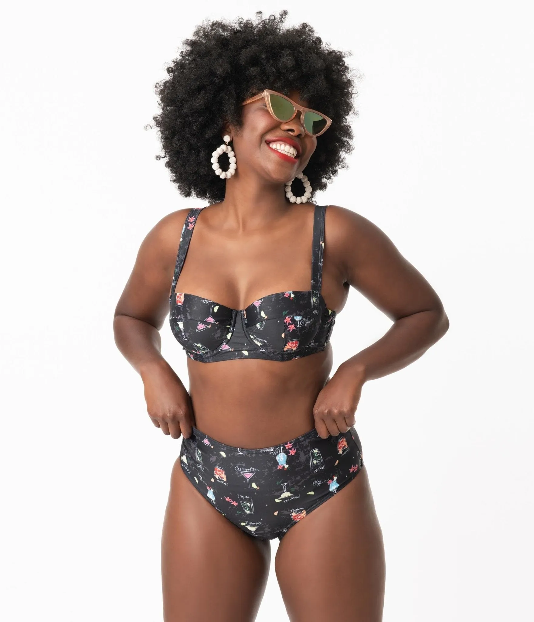 Collectif 1960s Black & Cocktail Menu Print Balcony Swim Top