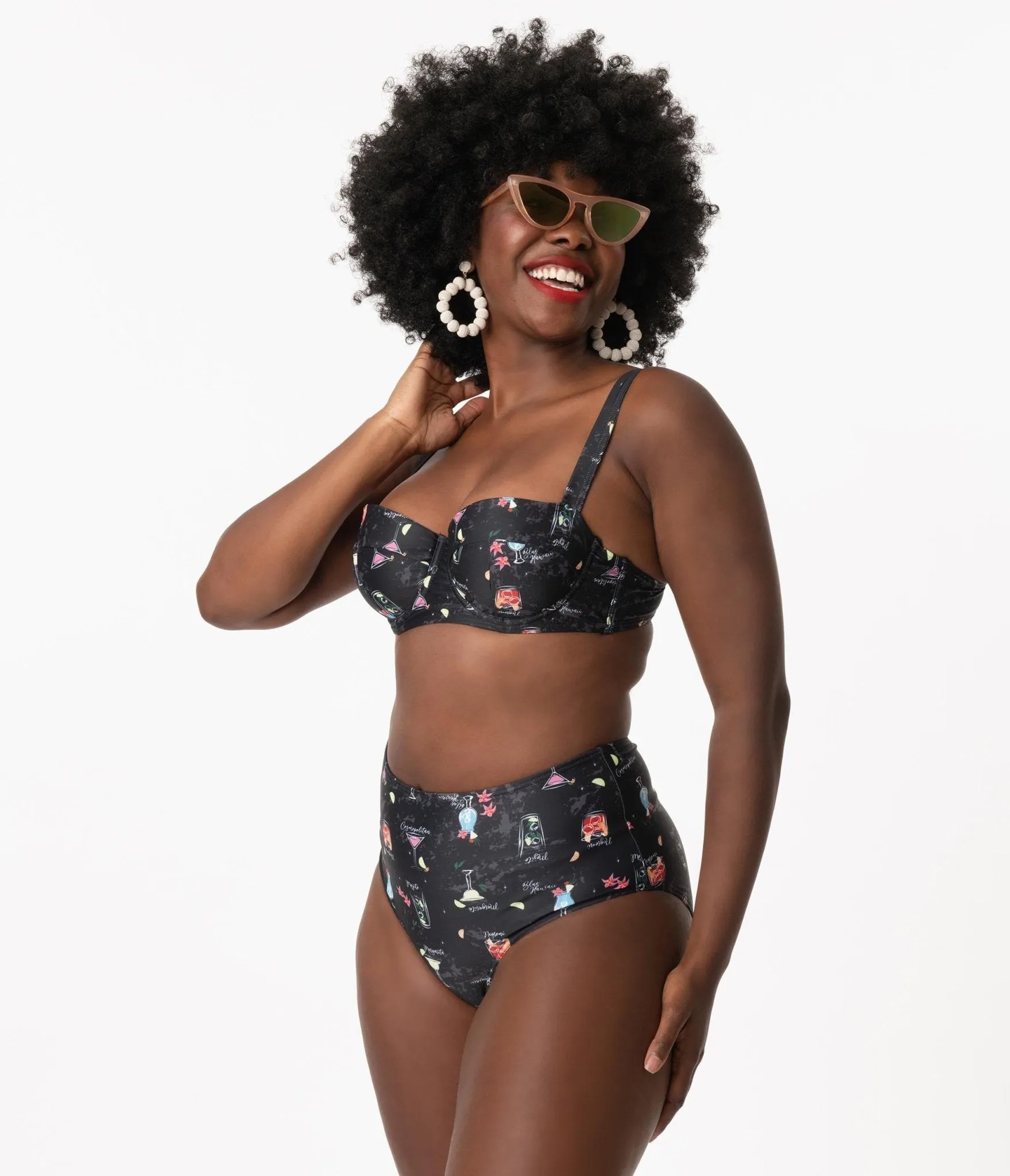 Collectif 1960s Black & Cocktail Menu Print Balcony Swim Top