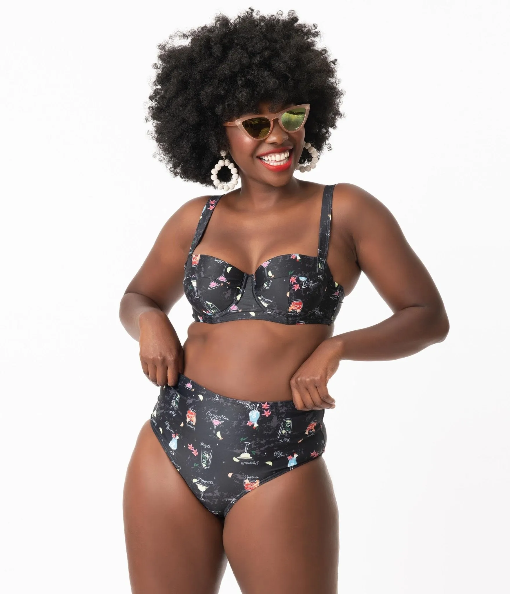 Collectif 1960s Black & Cocktail Menu Print Balcony Swim Top