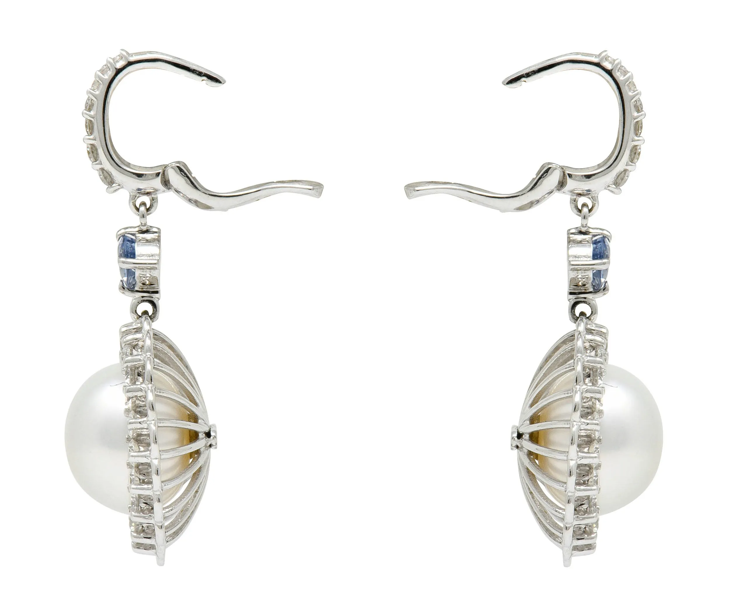 Contemporary South Sea Pearl 2.20 CTW Sapphire Diamond 18 Karat White Gold Earrings