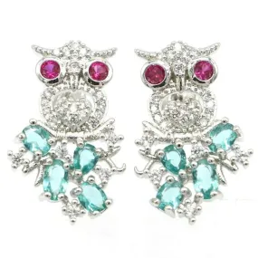 Created Aquamarine Tourmaline CZ Owl Earrings