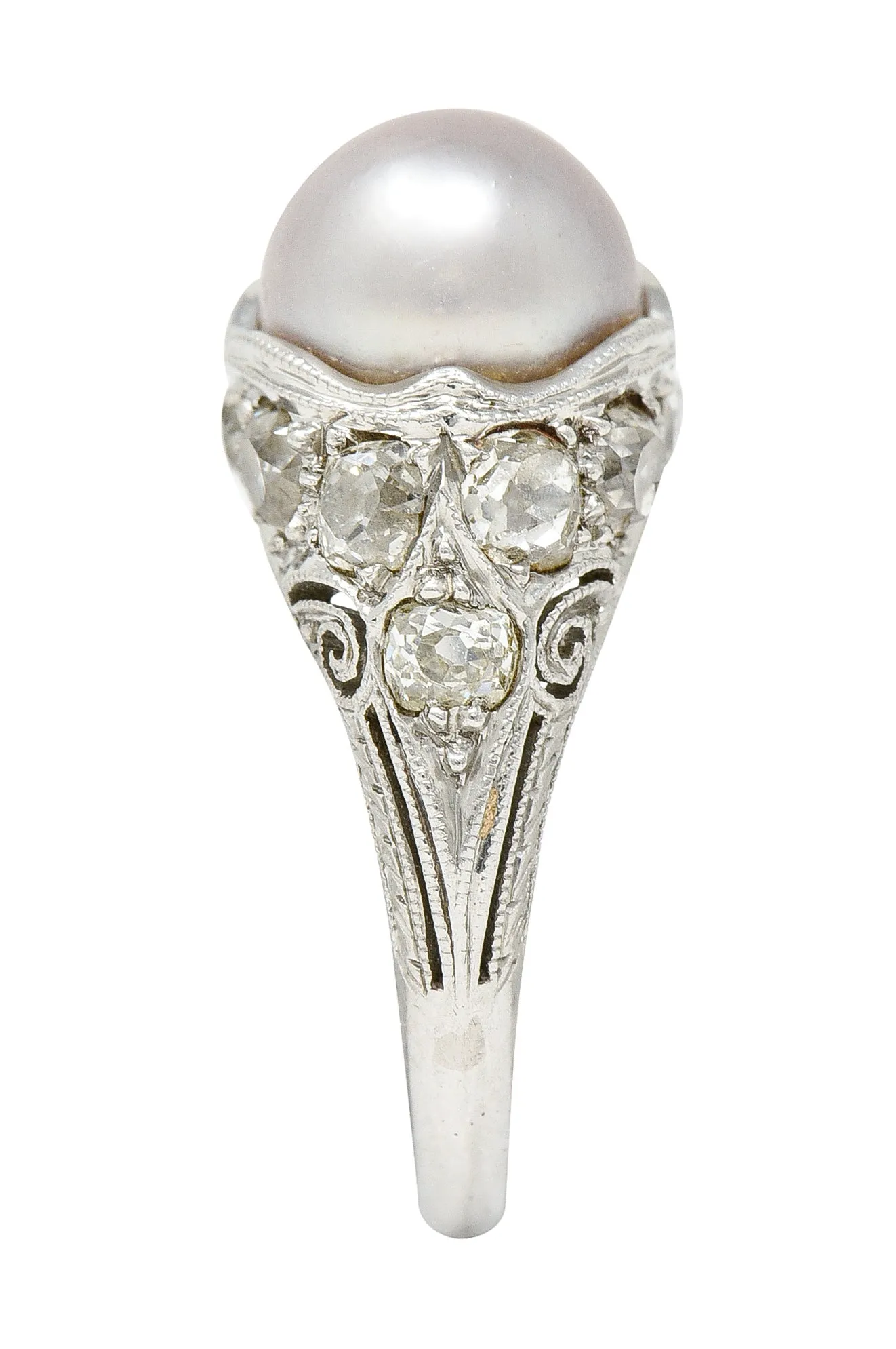 Edwardian Natural Pearl 1.25 CTW Diamond Platinum Antique Cocktail Ring