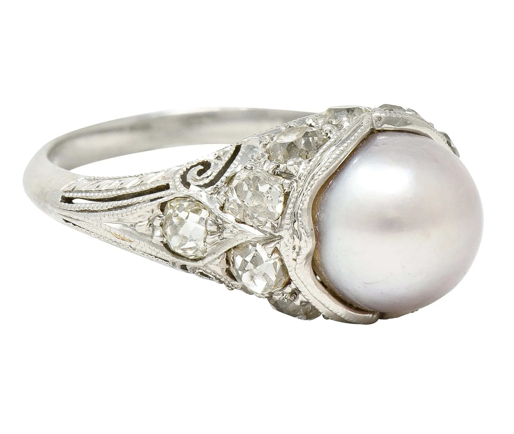 Edwardian Natural Pearl 1.25 CTW Diamond Platinum Antique Cocktail Ring