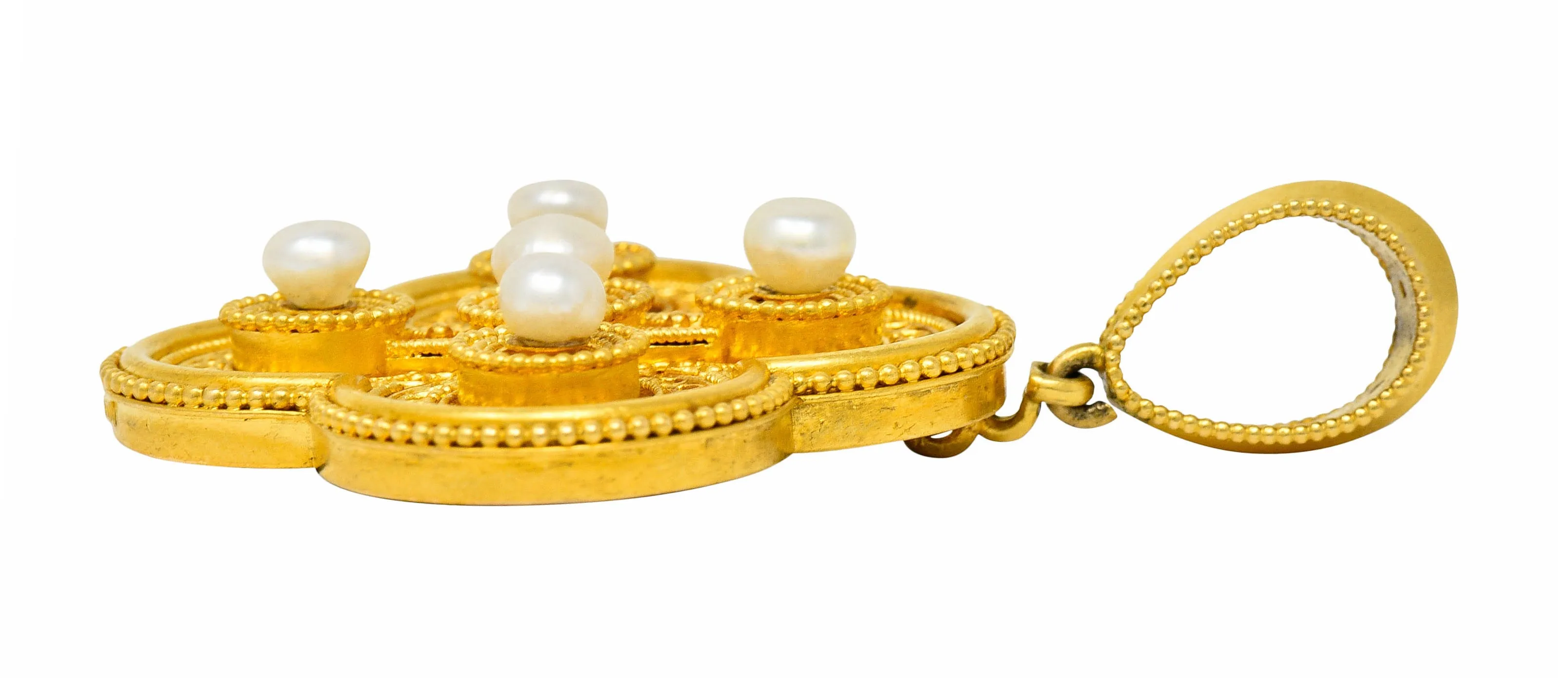 Ernesto Pierret Etruscan Revival Natural Pearl 18 Karat Gold Quatrefoil Pendant
