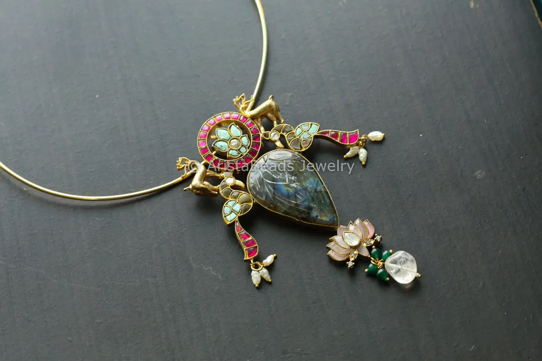 Fusion Jadau Kundan Pendant -  Carved Labradorite (Hasli Removable)