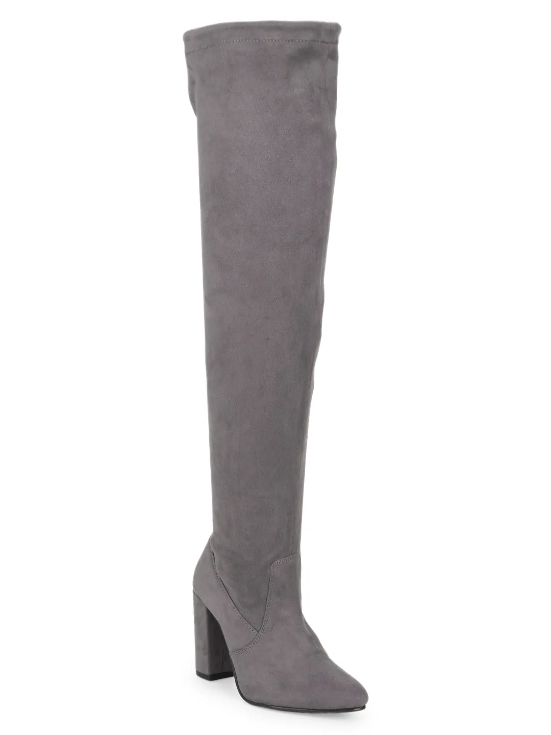 Grey Suede Block Heel Thigh High Boots