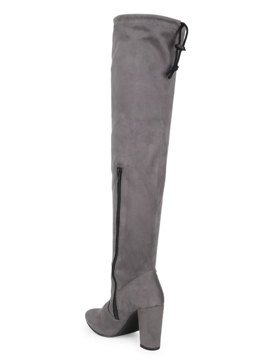 Grey Suede Block Heel Thigh High Boots