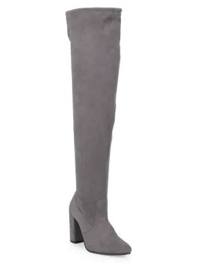 Grey Suede Block Heel Thigh High Boots