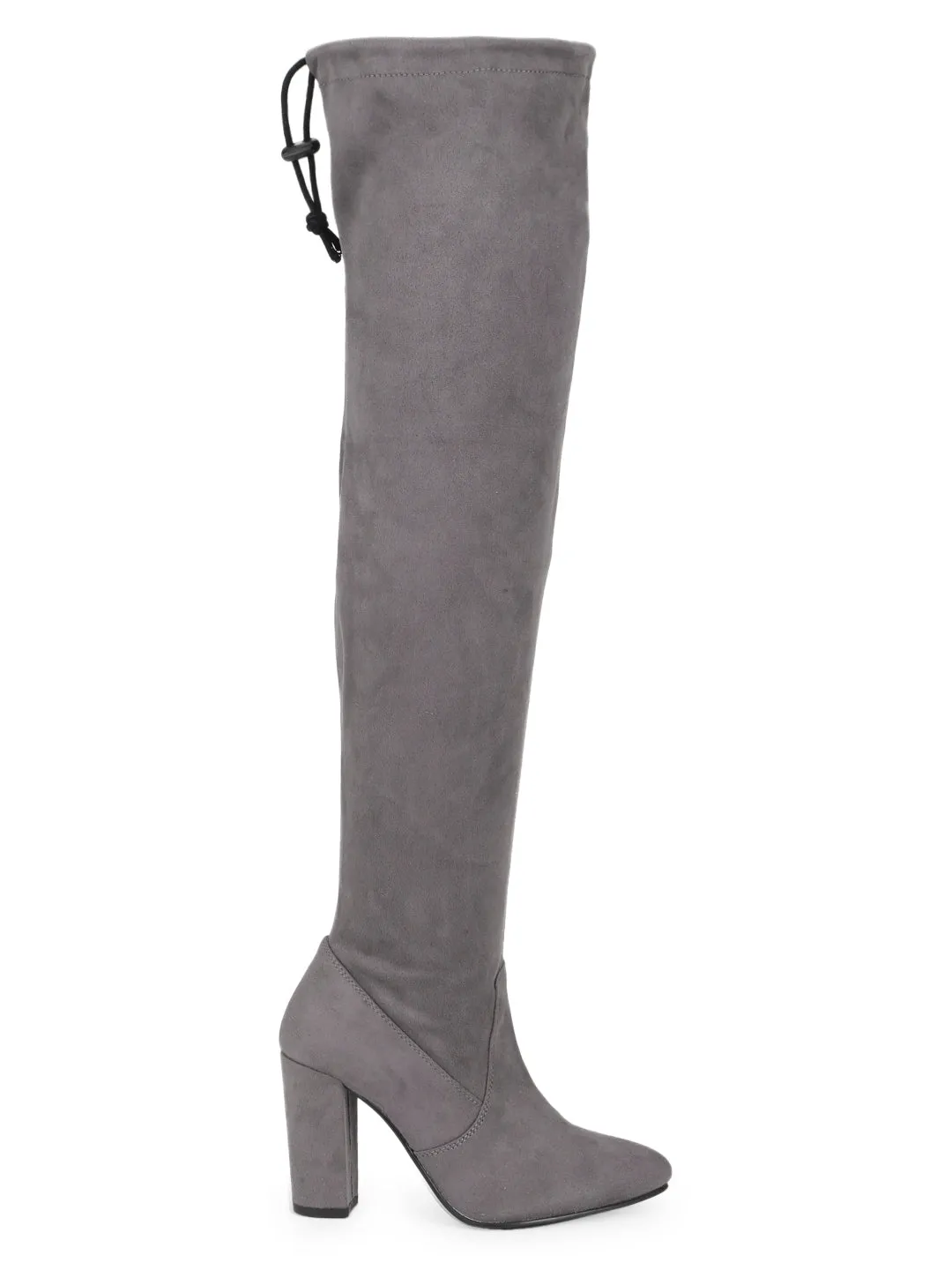 Grey Suede Block Heel Thigh High Boots