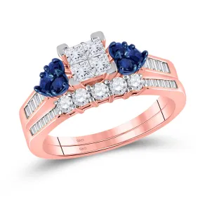 Keene Jewelers 10kt Rose Gold Womens Princess Diamond Blue Sapphire Bridal Wedding Ring Band Set 3/4 Cttw