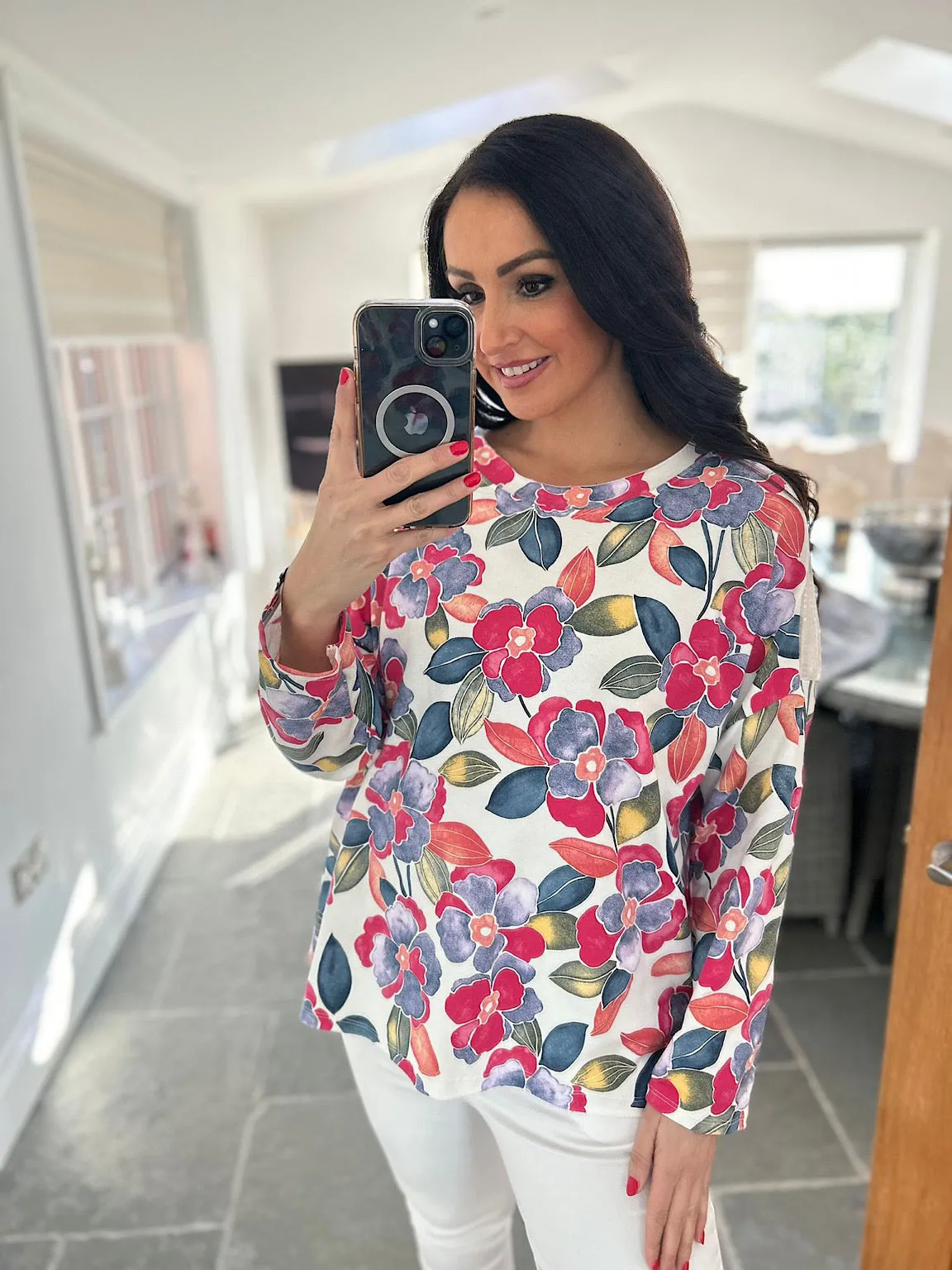 Multi Vibrant Flower Print Sequin Top Tilly