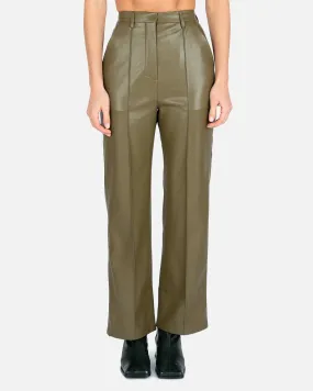 Nanushka Lucee Vegan Leather Merrow-Stitch Straight Leg Trousers in Olive