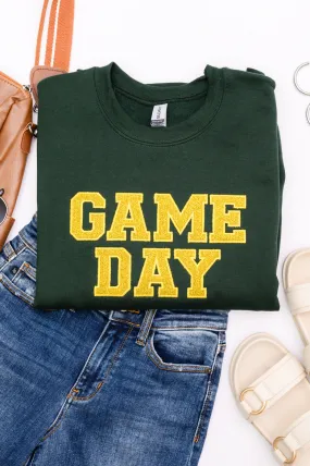 PREORDER: Embroidered Glitter Game Day Sweatshirt in Forest Green/Golden Yellow