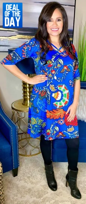 S-M-L : Blue Floral Flutter Dress with Criss Cross Neck