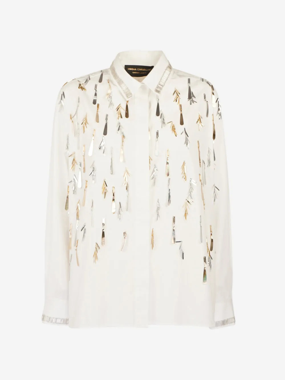 Simona corsellini - Camicia in cotone con piume applicate e collo con baguette
