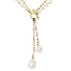 Two Row Tassel Necklace Pave Pearl Gold Plated