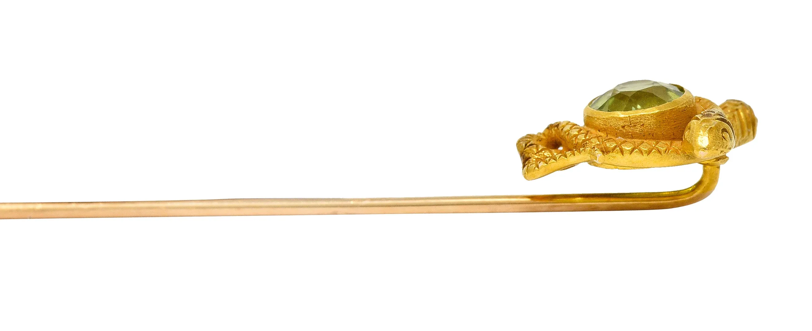 Victorian Peridot 14 Karat Yellow Gold Love Knot Snake Stickpin