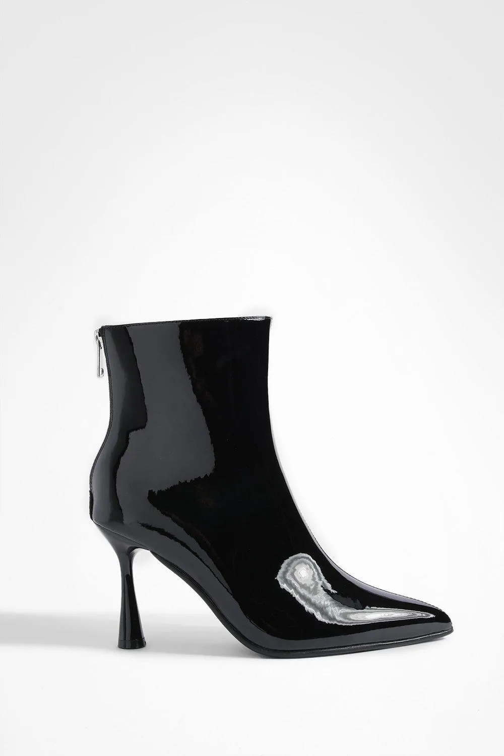 Wide Width Flare Stiletto Patent Pointed Ankle Boots